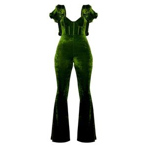 Olive Velvet Lace Up Back Frill Sleeve Jumpsuit